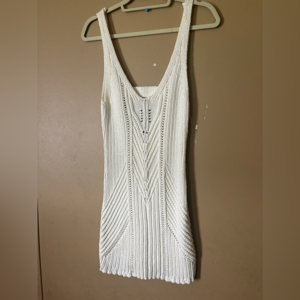 Anthropologie Ivory Cotton Knit V-Neck Mini Dress XS Sleeveless Textured Tunic